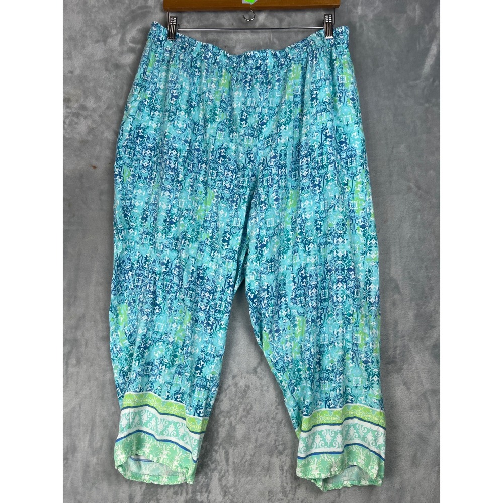 Catherines Wide Leg Pants Cropped 2X Blue Green Medallion Print Rayon Plus Size - Picture 2 of 9
